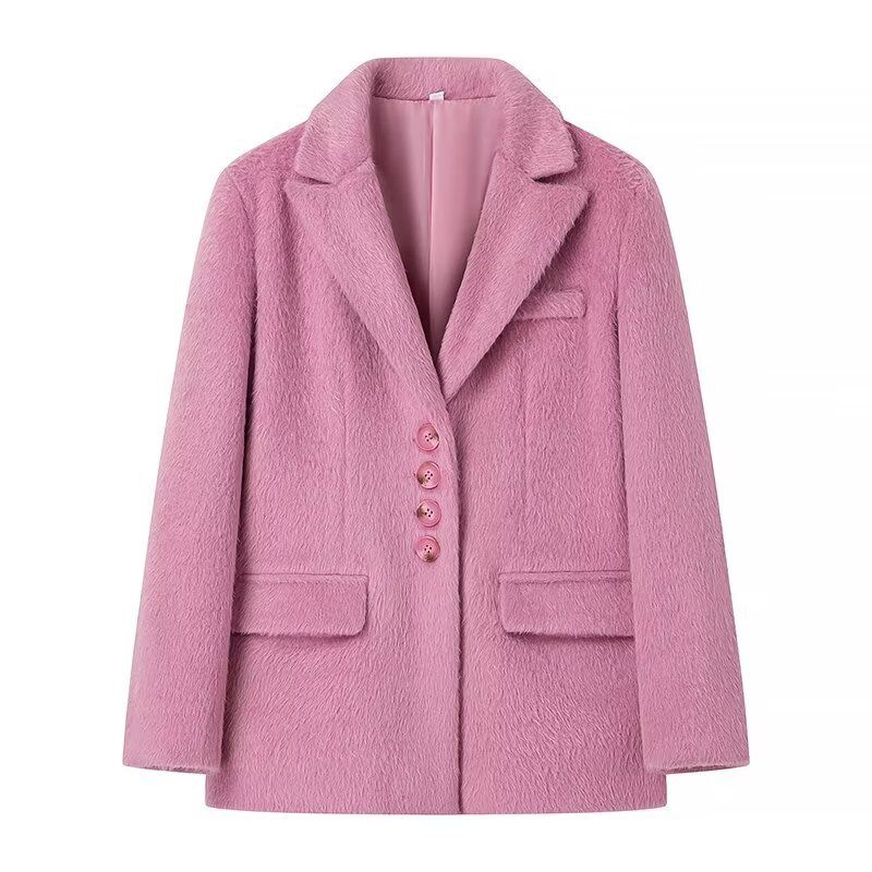Women's clothing 2024 spring new collar single row multi button loose long hair 4-color suit jacket_voghion.com