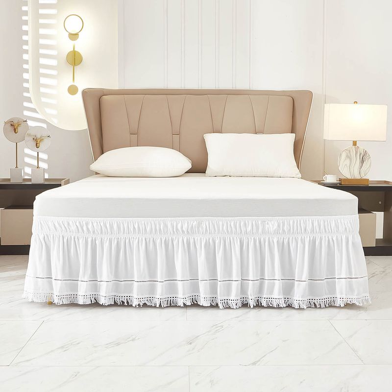 White Tiered Tassel Bed Skirt - Elastic Fitted Dust Ruffle Cover With Deep Pocket (Wrinkle-Resistant Polyester Conceals Bed Frame Perfectly)​_voghion.com