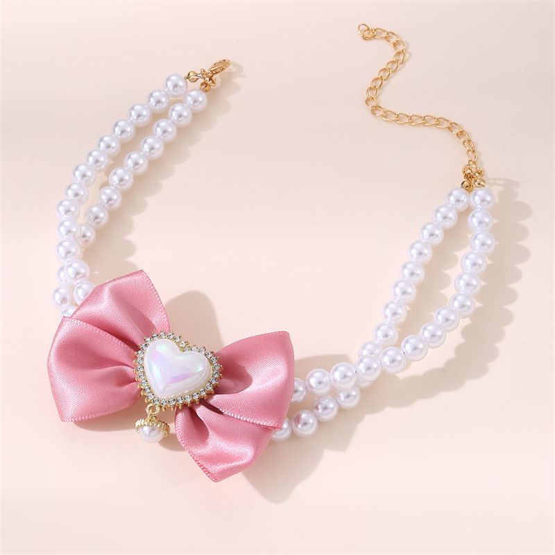 Cat Bow Necklace Cute Heart-Shaped Pearl Princess Style Pet Collar_voghion.com