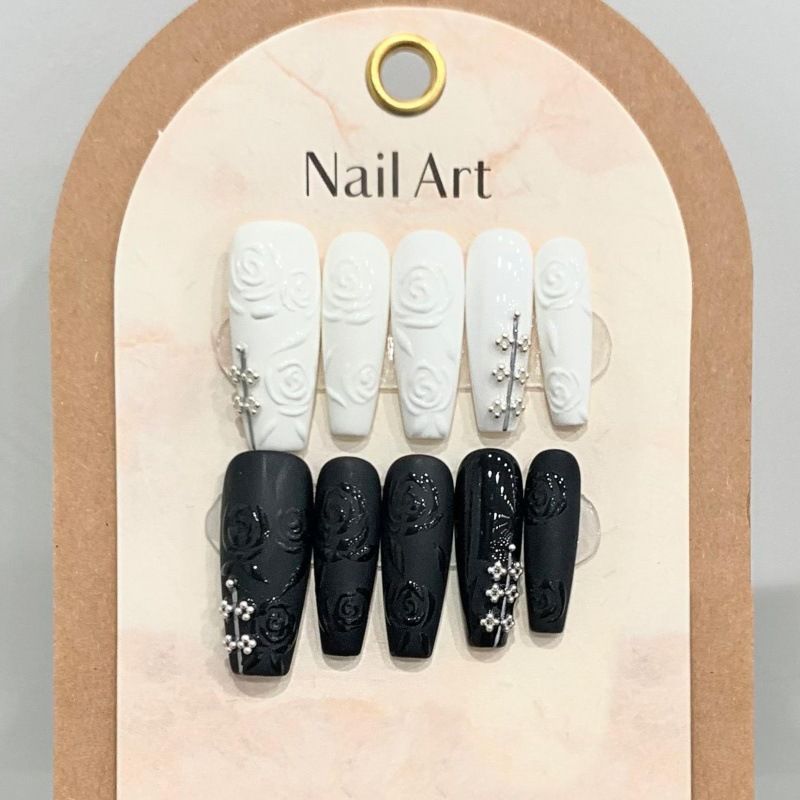 Beauty & Health New Mandarin Duck Black And White Three Dimensional Rose Nail Art Wear Long High End Light Luxury Lady Style Nail Patch Removable_voghion.com