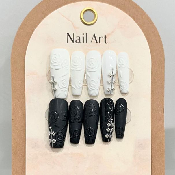 Beauty & Health New Mandarin Duck Black And White Three Dimensional Rose Nail Art Wear Long High End Light Luxury Lady Style Nail Patch Removable_voghion.com