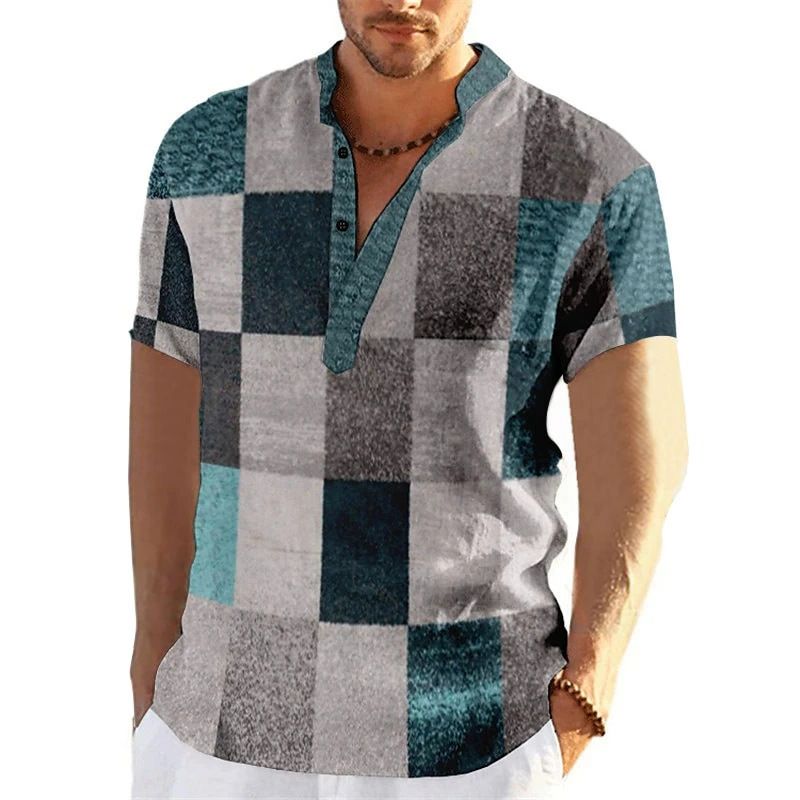Men's Clothing Simple Color Matching 3D Digital Printing Stand Up Collar Short Sleeved Casual Shirt_voghion.com