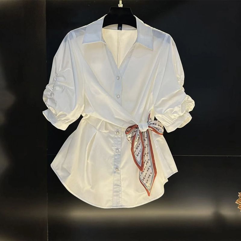 Dámské oblečení Novinky Košile s krátkým rukávem, šátek do pasu, bílá dámská košile s tříčtvrtečním rukávem, evropský styl_voghion.com