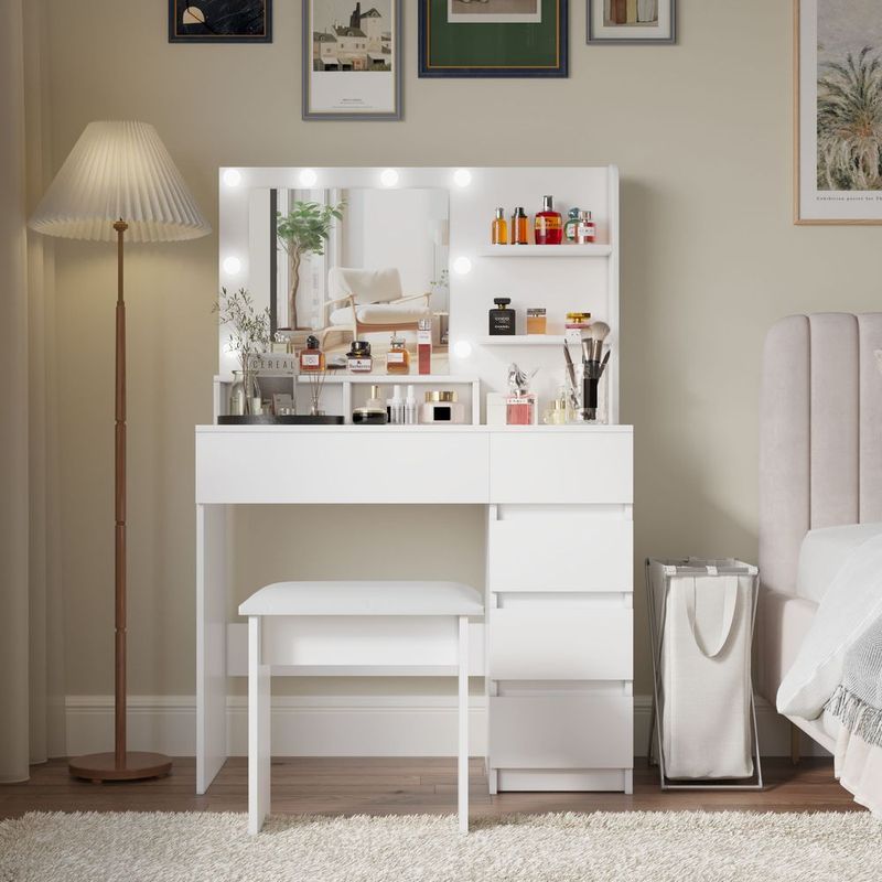 Vanity, Makeup Vanity Desk Set With Mirror &amp; Light, Dressing Table Storage Lots With Power Strip, 3 Lighting Modes With Adjustable Brightness, 3_voghion.com