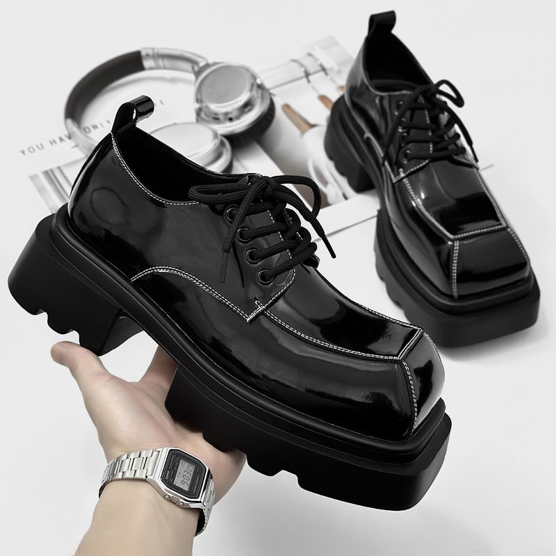 Unbeatable Quality Paris Thick Soled High Rise Derby Men's Black Cleanfit Leather Shoes, British Commuting Formal Big Toe Shoes_voghion.com