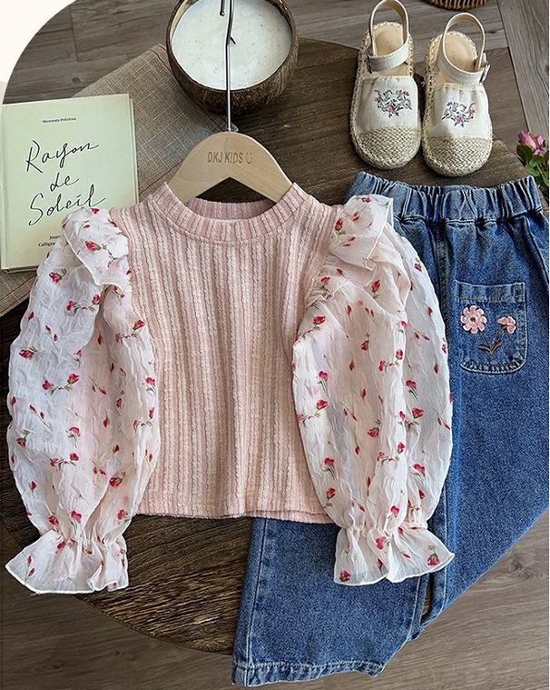 Kinderkleidung Mädchen süßes geblümtes Puffärmel-Top mit Blumen-Denim_voghion.com