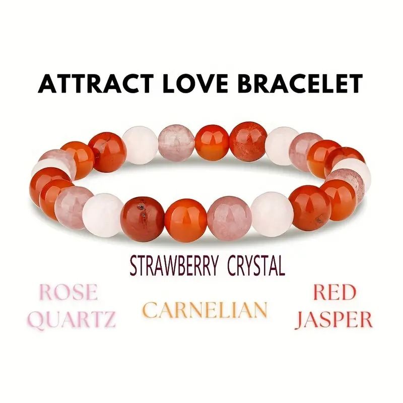 Peach Blossom Pink Natural Stone with Red Pattern Jade Chalcedony Beaded Bracelet for Men and Women Couples, Luxury_voghion.com
