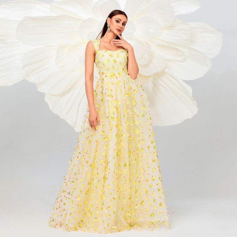 Damenbekleidung Square Neck Sling Langes Abendkleid im böhmischen Stil mit großem Swing-Netzstoff für Damen_voghion.com