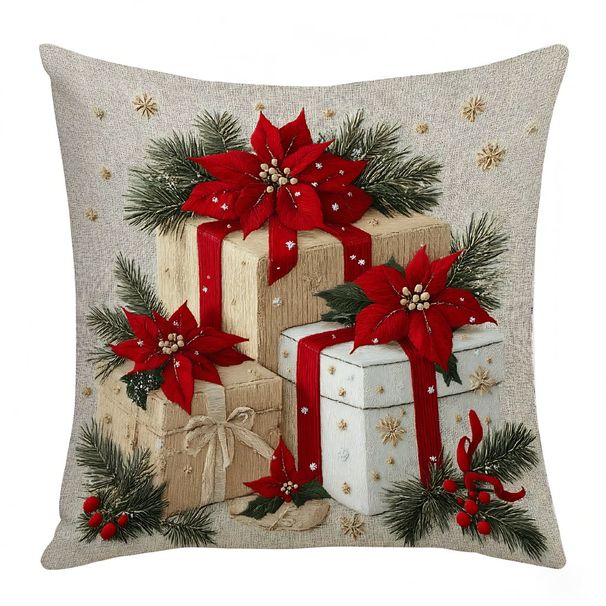 Funda de almohada navideña de lino corta con diseño de campana de Papá Noel y corona de flores, decoración para sofá_voghion.com