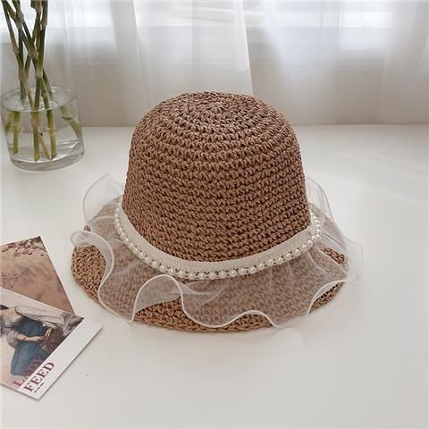 Straw Hat Woven Lace Pearl Hat Women's Summer Thin Beach Beach Lotus Leaf Edge Bucket Hat Shading Sun Protection_voghion.com