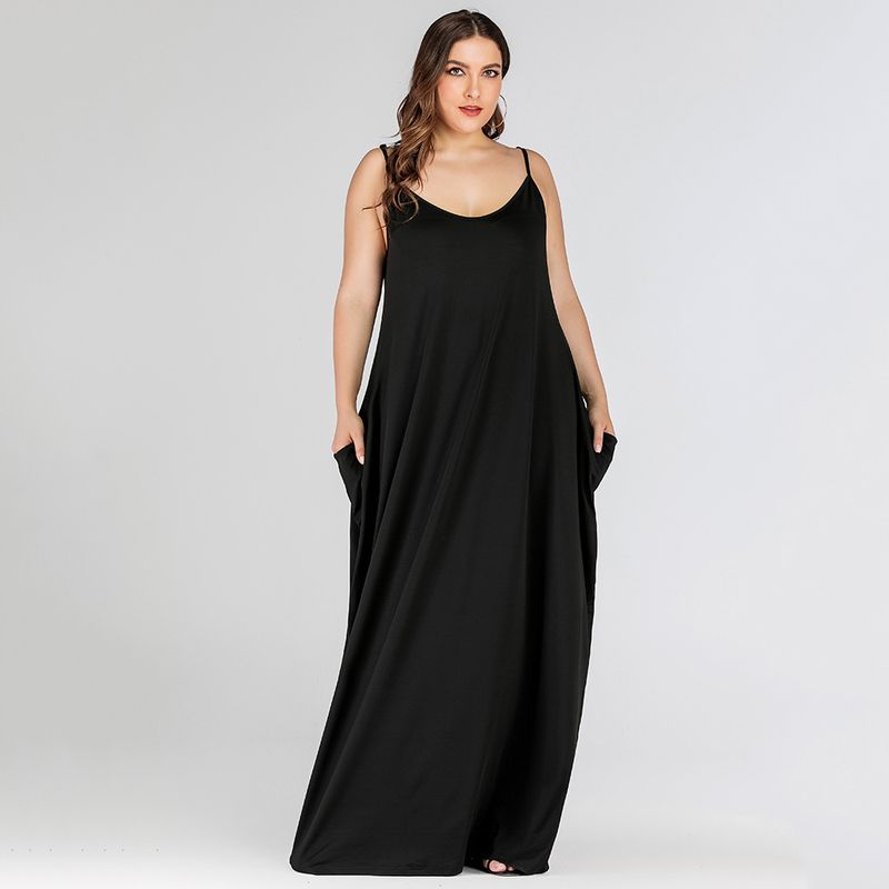 2023 Summer New Large Women's Solid Color Loose Double Pocket Sling Fashion Long Dress JR329_voghion.com