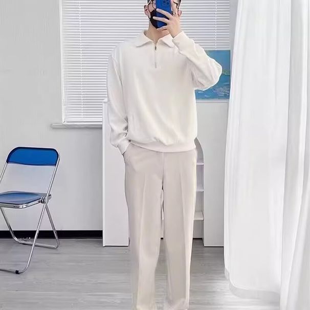 Pull demi-zippé pour homme, haut décontracté en tricot avec col montant - Respirant, lavable en machine, extensible (blanc, gris, noir, bleu)_voghion.com