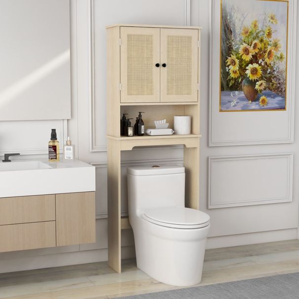 Mensole in rattan, bagno aperto con sopra le ante, ripiano regolabile, mobiletto per WC in legno naturale con 2 ripiani e contenitori_voghion.com