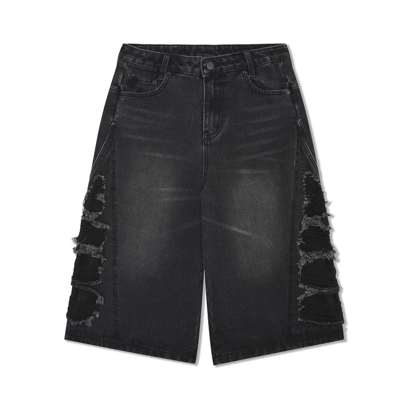 Herrenbekleidung Vibe Loose Straight Denim Shorts Herren Sommer High Street Patch Raw Edge Cat Whisker Shorts mit weitem Bein_voghion.com