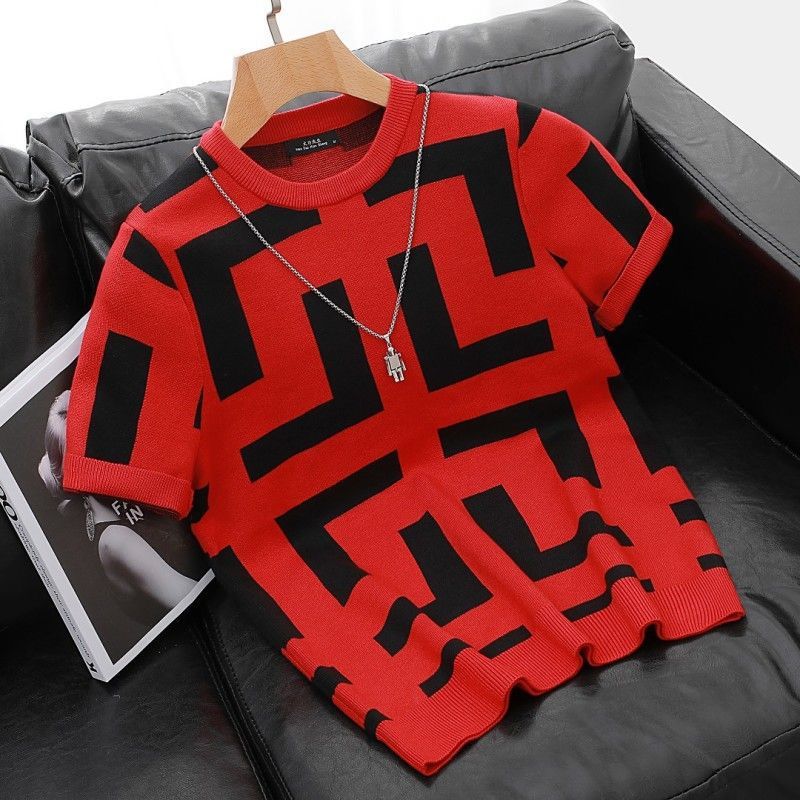 Roupas masculinas outono e inverno engrossado gola redonda pulôver manga curta suéter de malha de lã masculina listrado jacquard top_voghion.com