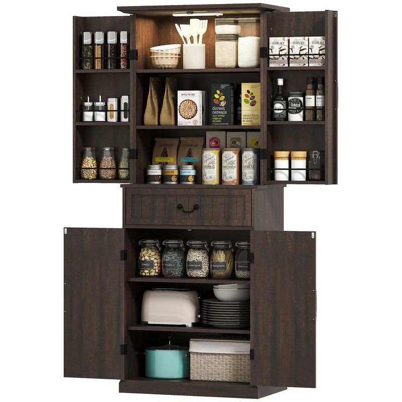 HOMCOM 71' LED Kitchen Pantry Cabinet, Farmhouse Storage Cabinet With Door Shelves, Distressed Brown_voghion.com