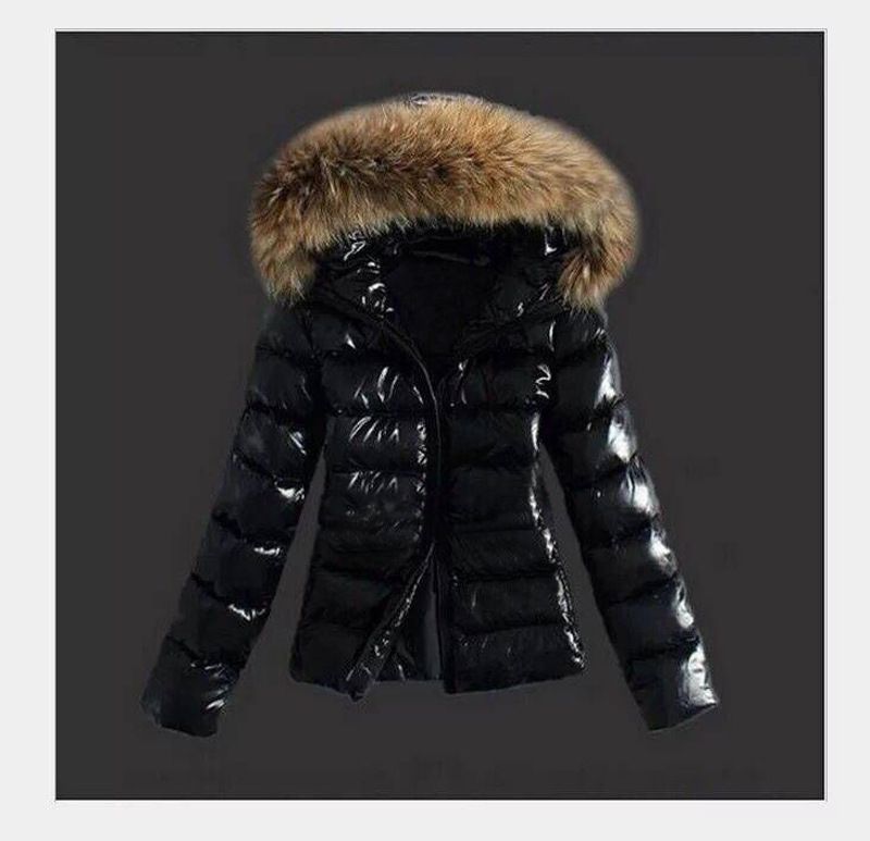 Vêtements pour femmes manteau court en coton ajusté avec grand col en fourrure et capuche pivotante veste chaude_voghion.com