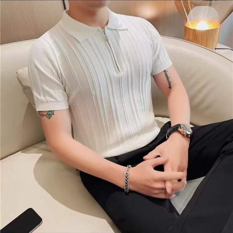 Herr 2024 ny sommar andas skrynkla resistenta män casual halv dragkedja lapel kortärmad T-shirt pikétröja_voghion.com