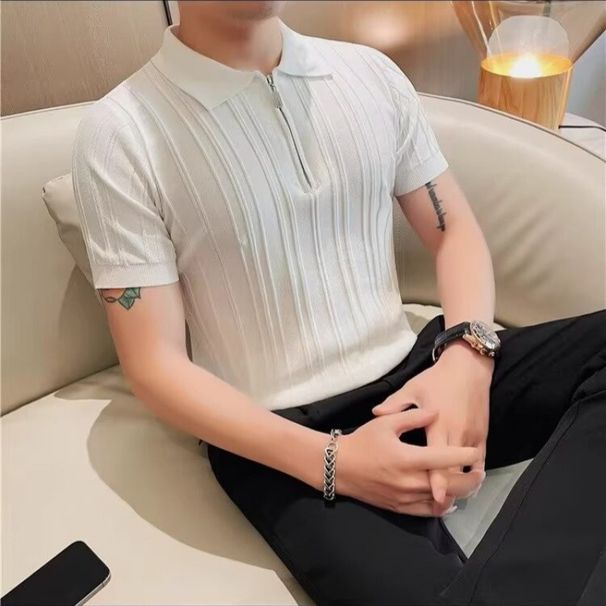 Herr 2024 ny sommar andas skrynkla resistenta män casual halv dragkedja lapel kortärmad T-shirt pikétröja_voghion.com