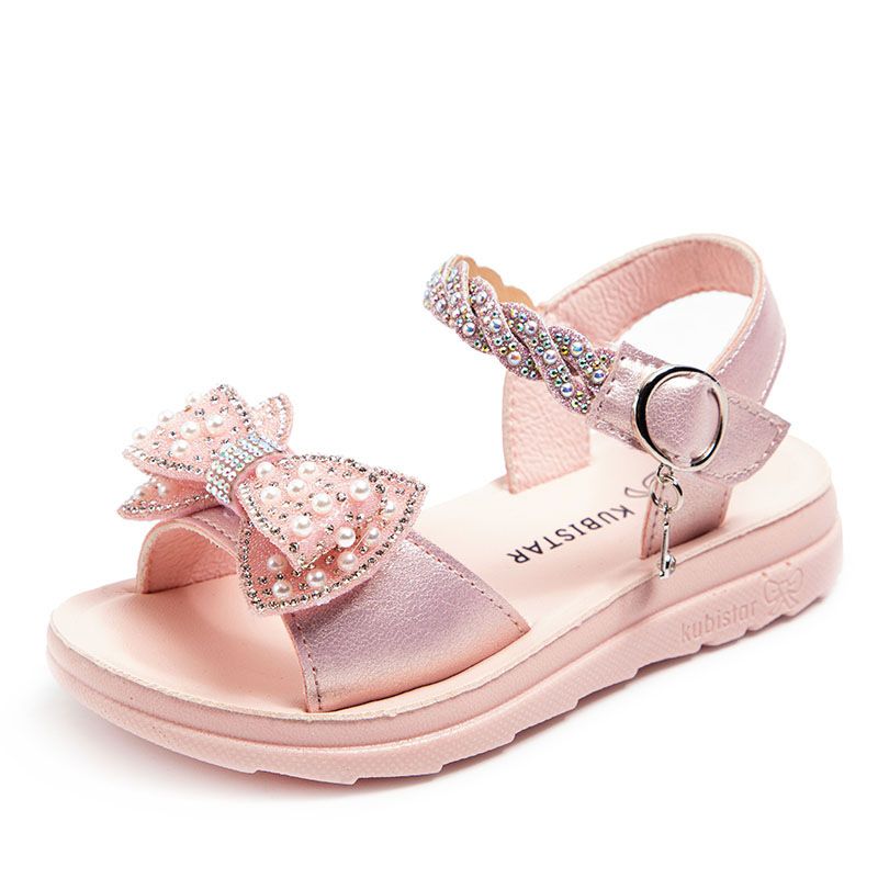 Sommerpige-sandaler med åben tå og diamantformet sløjfe til piger, letvægts, solid sål, PU-overflade_voghion.com