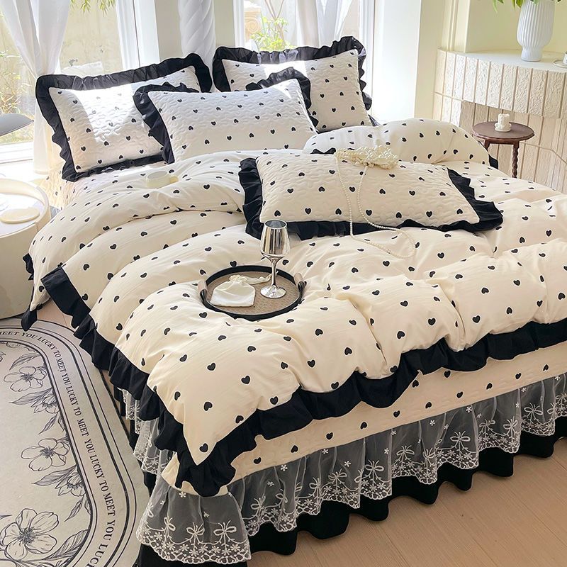 Parure de lit trois pièces en coton lavé doux à imprimé français, housse de couette en dentelle de style Hepburn, literie quatre pièces confortable_voghion.com