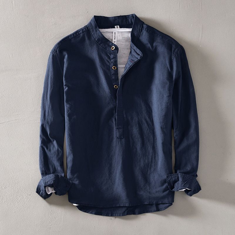 Lässiges Leinenhemd für Herren im koreanischen Stil, schlankes, einfarbiges Stehkragen-Pullover, langärmliges Baumwoll- und Leinenhemd für Männer_voghion.com