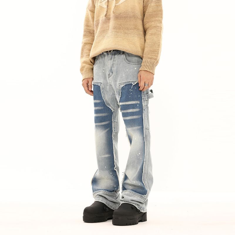 Men's Clothing High Street Washed Destroyed Jeans Loose Two Color Stitching Straight Pants_voghion.com