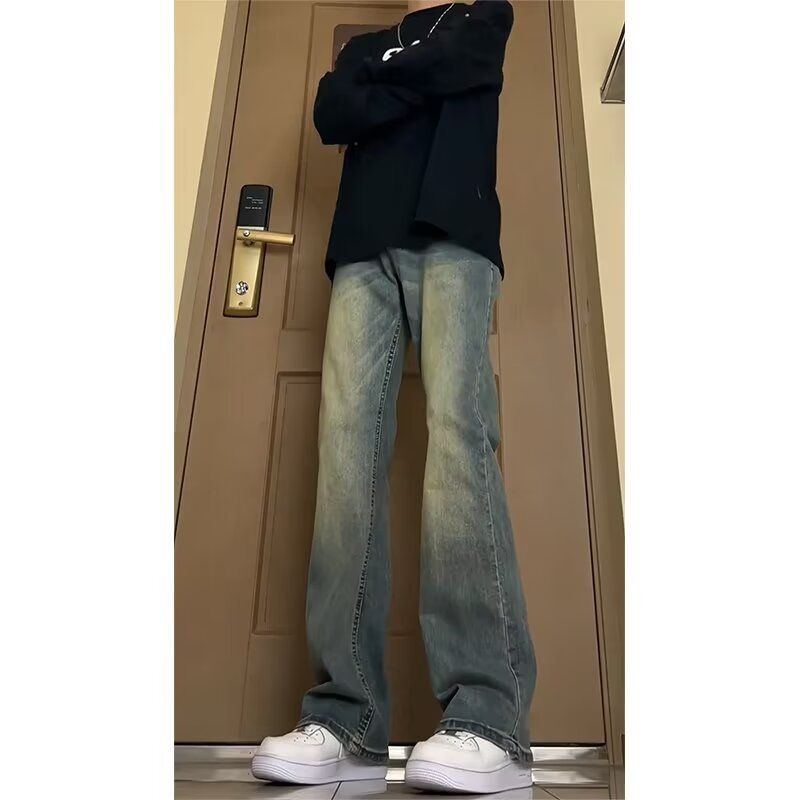 Drop feeling straight tube yellow mud American vibe pants retro blue jeans men's spring tall micro flared pants_voghion.com