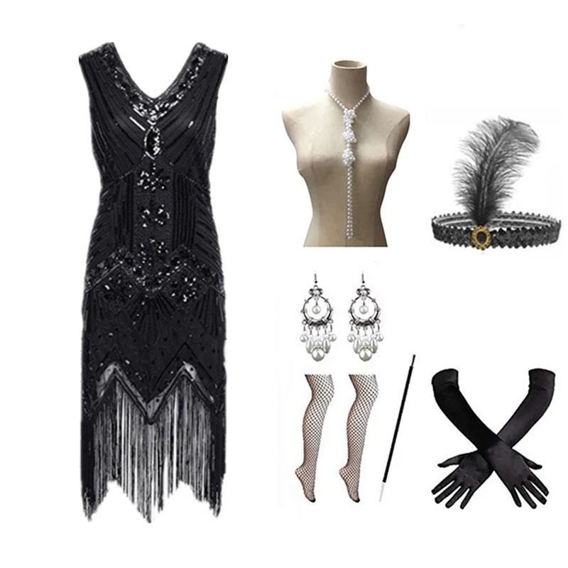 Damenbekleidung Gatsby-Kleid, schwerer, mit Perlen besetzter Paillettenrock mit Quaste_voghion.com