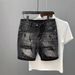 2025 Lente en zomermode voor heren, gewassen, gescheurd, gepatcht, met inktspatten, slim fit, kleine voet, grijszwarte denim shorts voor heren_voghion.com