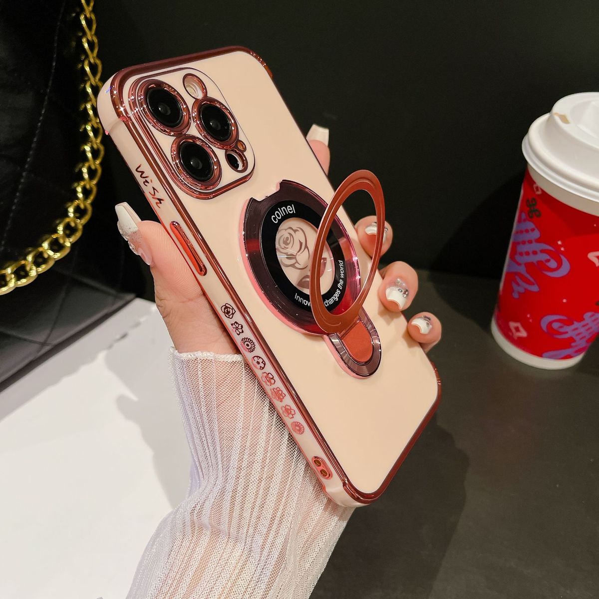 iPhone 15/16 Pro Case With Rose Gold Side Print & Magnetic Stand - 6D Electroplated Glitter Shockproof Cover (Slim Fit, Anti-Scratch)_voghion.com