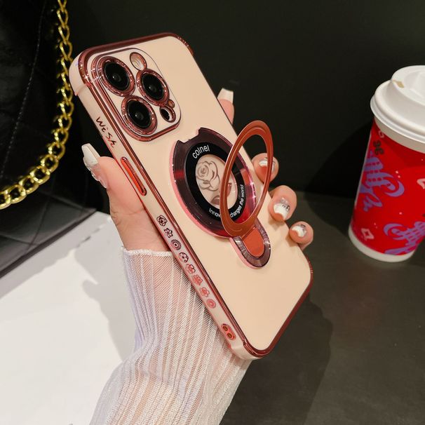 iPhone 15/16 Pro Case With Rose Gold Side Print & Magnetic Stand - 6D Electroplated Glitter Shockproof Cover (Slim Fit, Anti-Scratch)_voghion.com