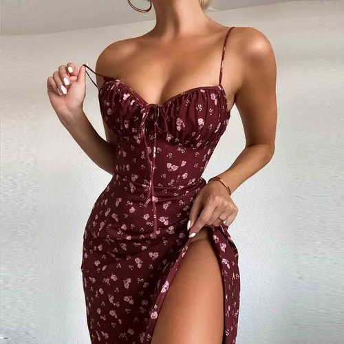 Eleganckie, klasyczne sukienki Wer Print Spaghetti Straps dla kobiet 2024 Camisole Deep V Neck Suspender Dress Woman Odzież_voghion.com