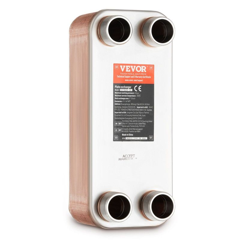 VEVOR Heat Exchanger, 5"x 12" 30 Plates Brazed Plate Heat Exchanger, Copper/316L Stainless Steel Water To Water Heat Exchanger For Floor Heating, Water Heating, Snow Melting, Beer Cooling_voghion.com