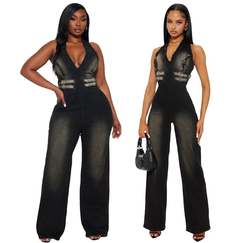 Dameskleding Strakke taille Slanke elastische gewassen denim jumpsuit Halterhals Losse jumpsuit_voghion.com