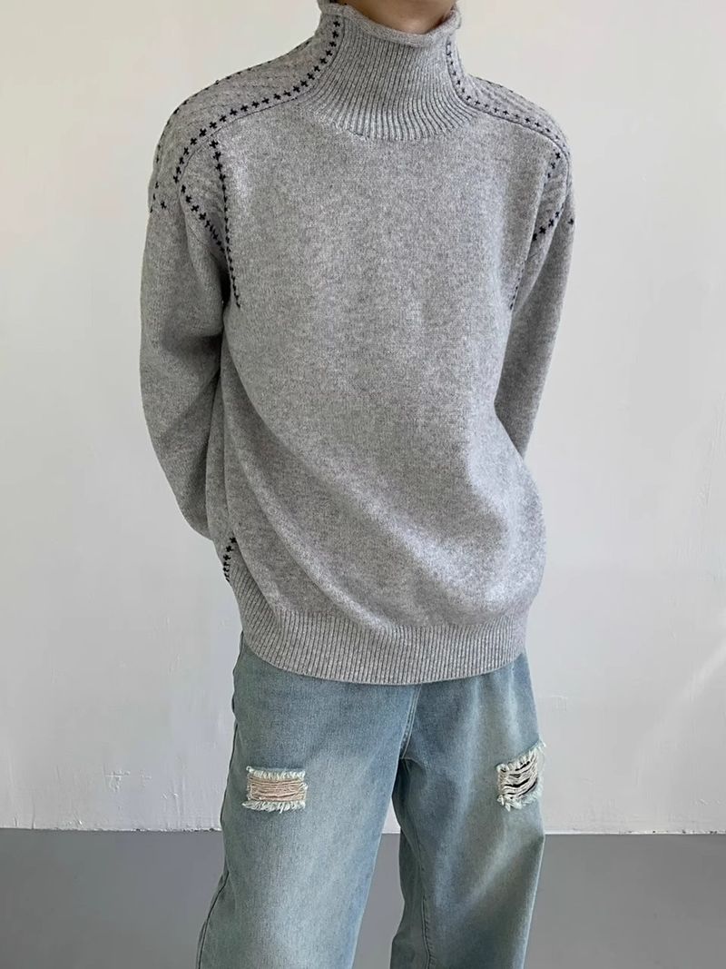 High neck sweater men's spring and autumn new casual niche design lazy knit sweater base top_voghion.com