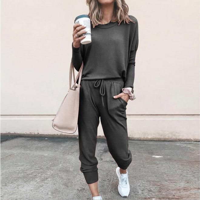 Solid Color Loose Casual Suit For Women Spring And Autumn New Round Neck Long Sleeved Harem Pants Two-Piece Set_voghion.com