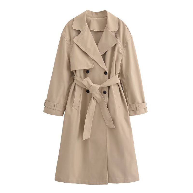 ​​"Women's Belted Trench Coat – Classic Mid-Length Windbreaker, Polyester, Khaki/Black (XS-L)"​​_voghion.com