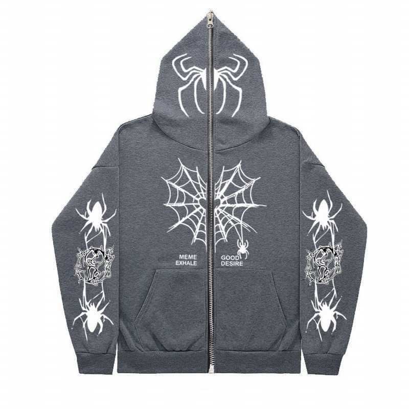 Kapuzenpullover mit Spinnen-Print und Reißverschluss für Damen und Herren – Streetwear für Paare, Fleece-gefütterter Unisex-Pullover, übergroßes Retro-Sweatshirt (Schwarz/Weiß/Grau, S-XXXL)​_voghion.com