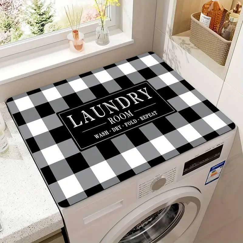 Almofada para máquina de lavar roupa de lama de diatomáceas têxteis para casa, xadrez preto e branco, absorvente de água, secagem rápida, almofada à prova de poeira, geladeira, micro-ondas, pano de cobertura contra poeira_voghion.com