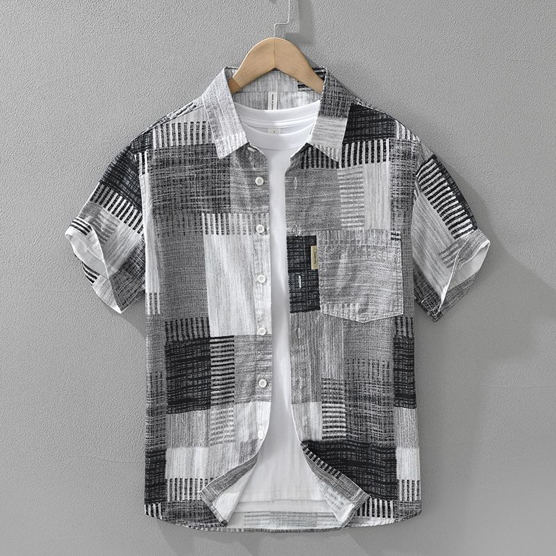 Splicing And Contrasting Summer Short Sleeved Shirt For Men, Fashionable And Versatile, Artistic And Casual Loose Top_voghion.com
