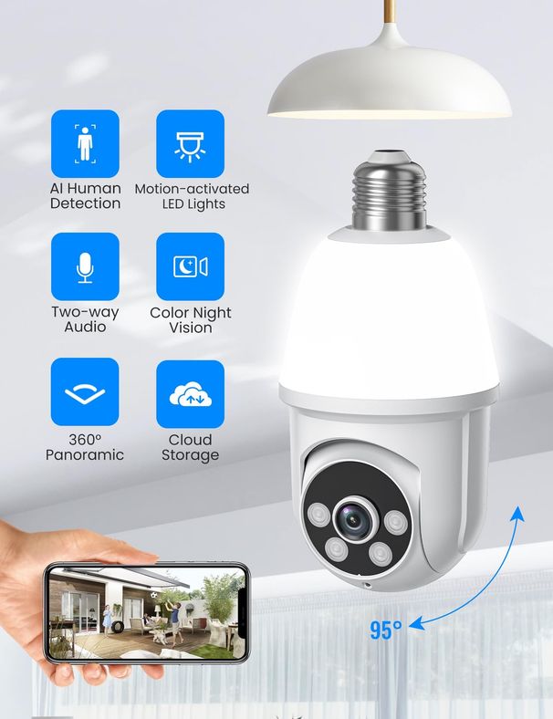 E27-lamp HD Full Color Nachtzicht Beveiligingsbewaking 360 graden draadloze WiFi-camera_voghion.com