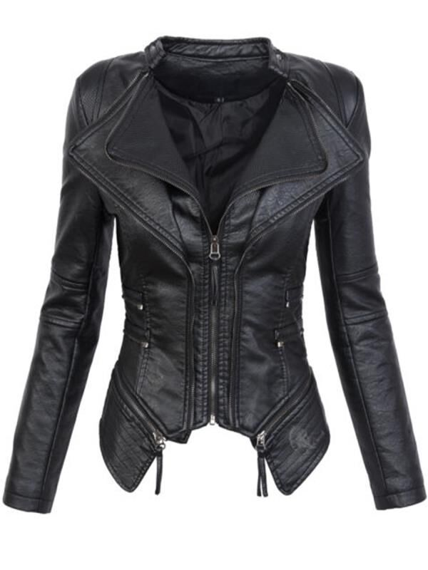 Damenbekleidung Heißeste Qualität PU-Leder Reißverschluss gespleißte Jacke Kurze Lederjacke_voghion.com