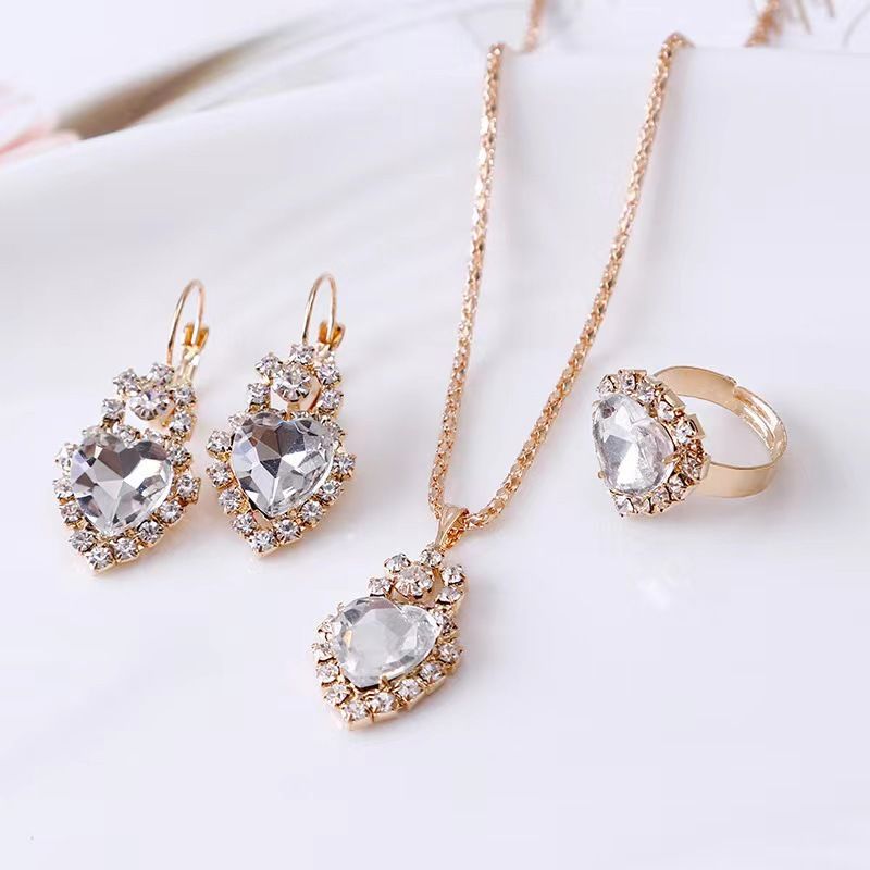 Neu Tropfen Liebe Wasser Diamant Halskette Ohrringe Ring Braut Schmuck Drei stück Set_voghion.com