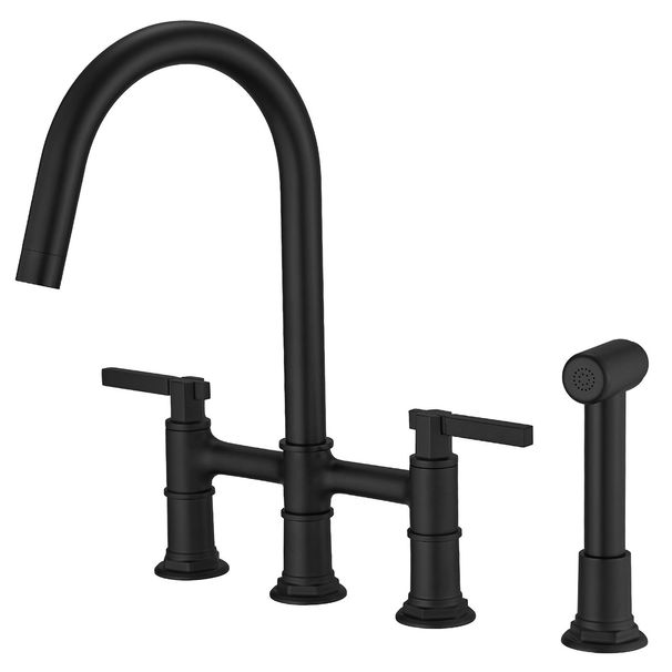 Modern Double Handle 4 Holes Deck Mount Bridge Kitchen Faucet With Side Sprayer Sink Faucet 360 Swivel Spout In Black_voghion.com