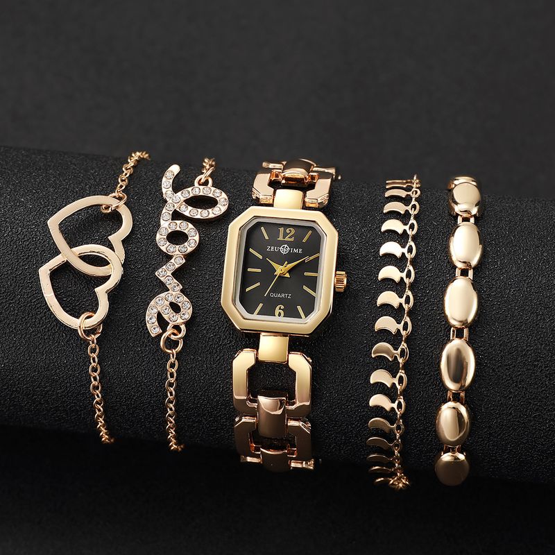 5 stuks/set2024 Fashion Square stalen band dames quartz horloge met diamanten LOVE Heart Moon armband set_voghion.com
