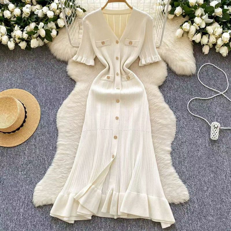 Women's Clothing V Neck Short Sleeved Ruffled Skirt Spring And Summer New Style A Line Skirt Tight And Slim Knitted Dress_voghion.com
