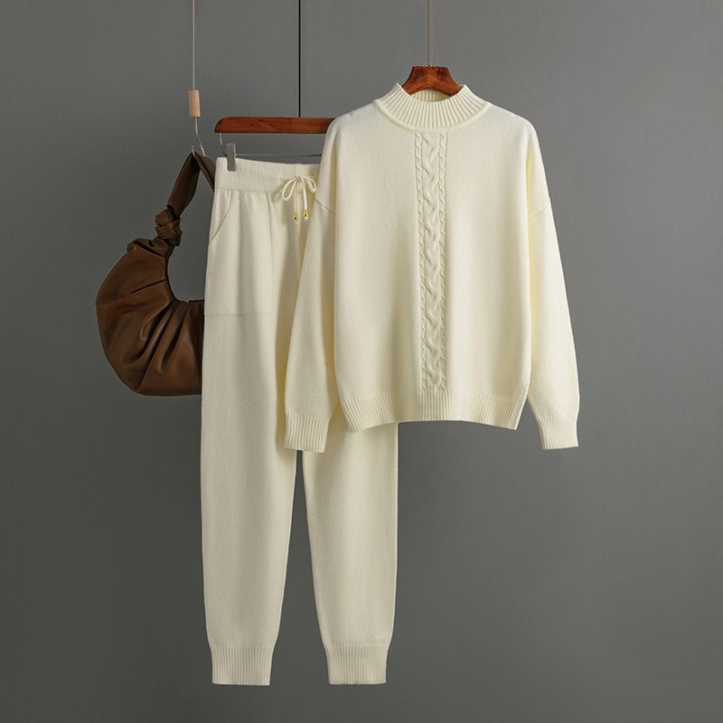 Women's Clothing semi-turtleneck twist knit set casual sweater jumper two-piece set_voghion.com