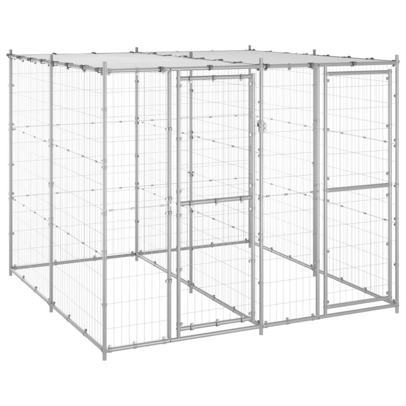 Outdoor Dog Kennel Galvanized Steel with Roof 52.1 ft²_voghion.com