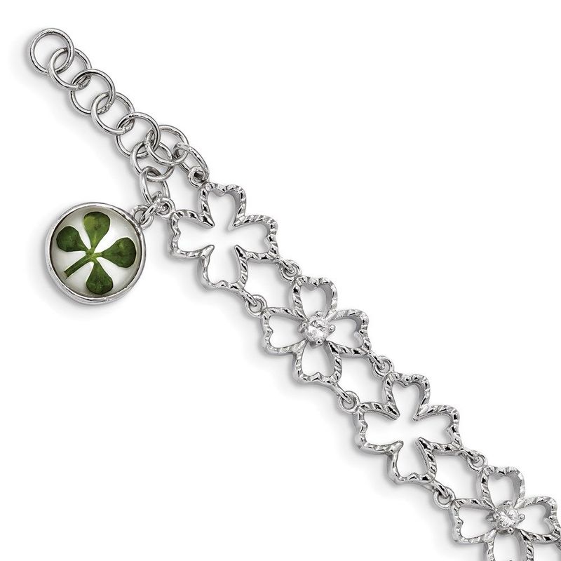 Sterling Silver Plat. Plated Clover Epoxy & Shell CZ .5 Ext. Bracelet_voghion.com